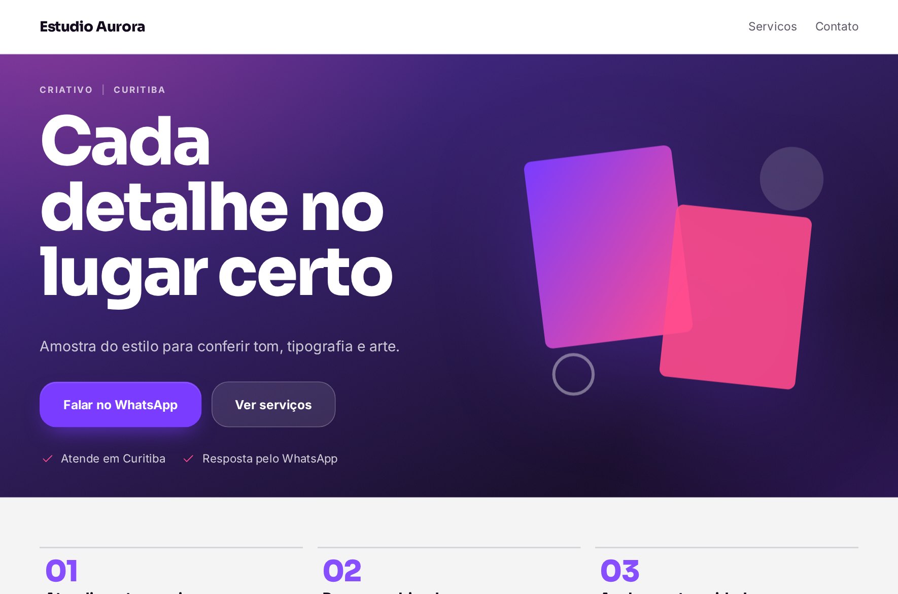 Exemplo de site criado na plataforma, estilo criativo
